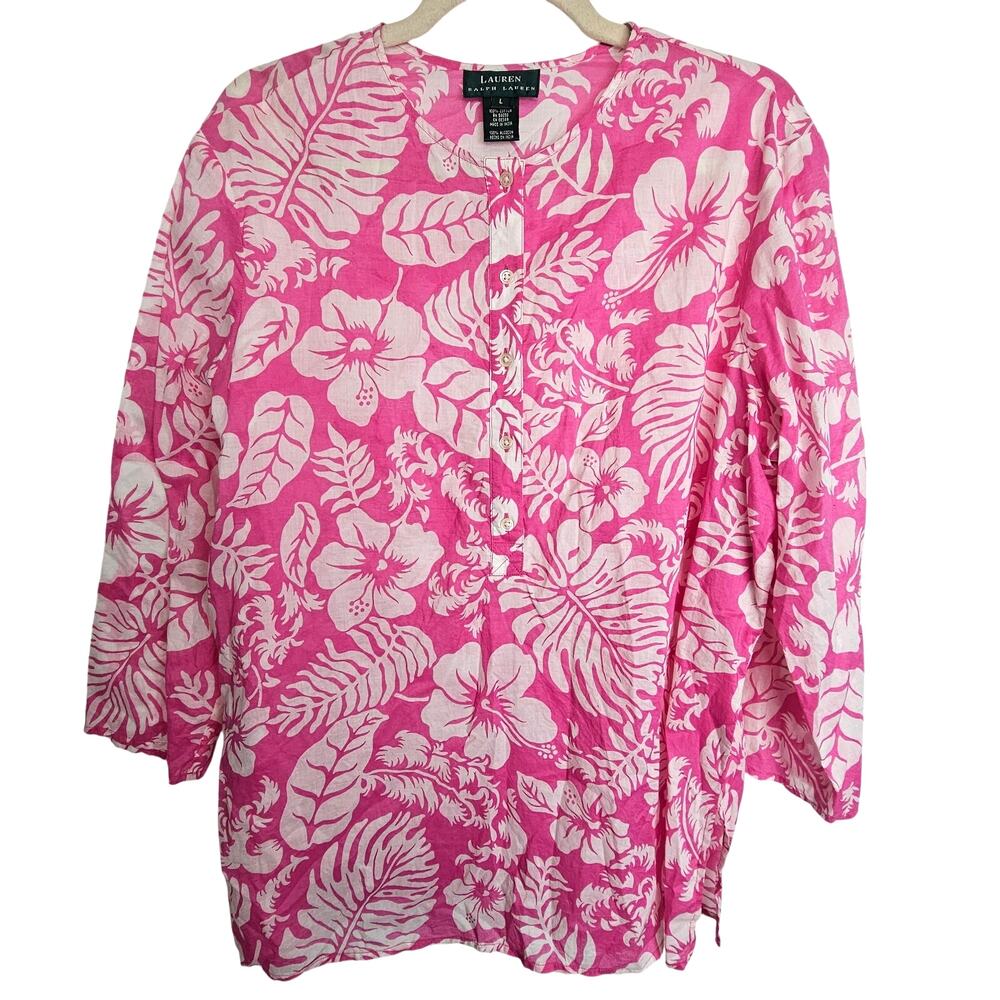 Lauren Ralph Lauren Womens Floral Tunic Sz L Coastal Resortwear Tropical Travel